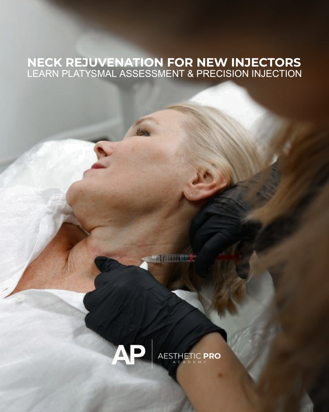 Injector performing platysmal bands treatment for new injectors on female patient